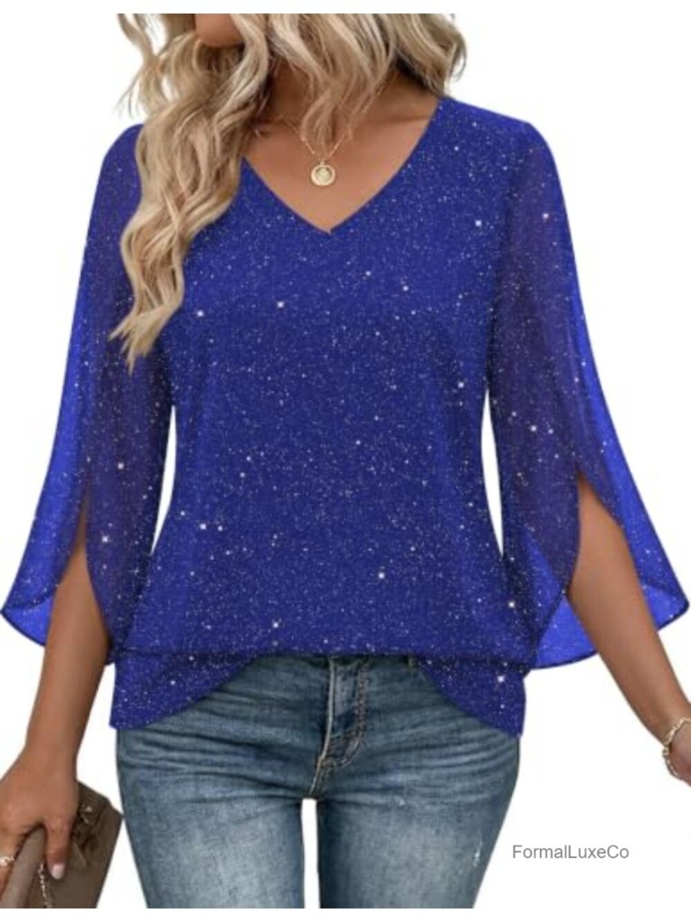 Women's Ruffle Sleeve Sequin Tunic Top V-Neck 3/4 Bell Sleeve Blouse
